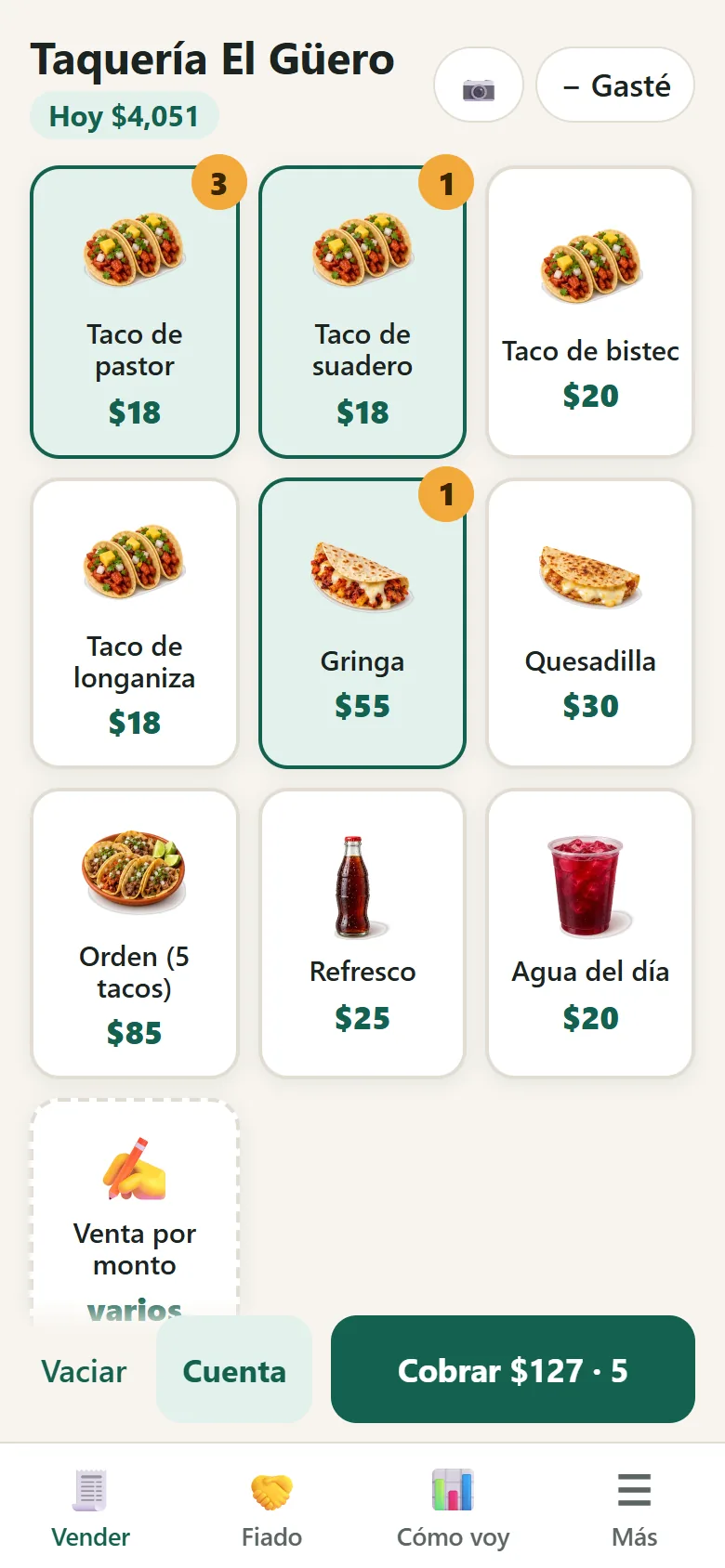Pantalla de vender con productos y carrito